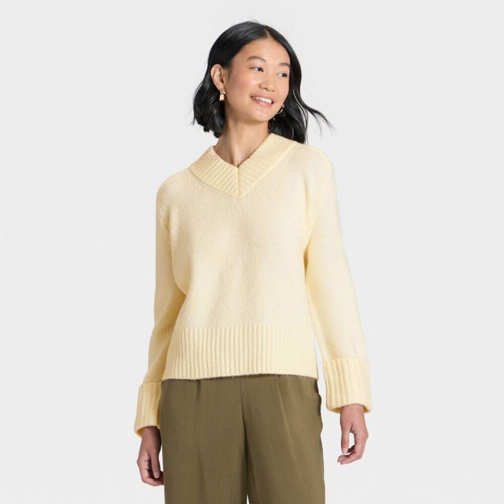 Women's Cozy Knit Boxy Pullover Sweater - A New Day Cream S